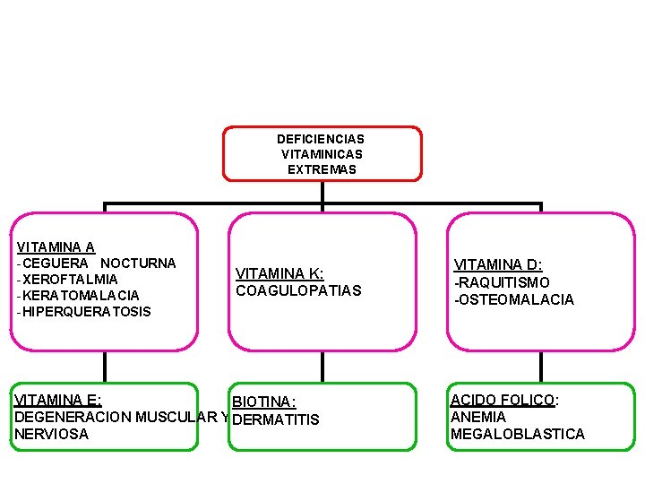 DEFICIENCIAS VITAMINICAS EXTREMAS VITAMINA A -CEGUERA NOCTURNA -XEROFTALMIA -KERATOMALACIA -HIPERQUERATOSIS VITAMINA K: COAGULOPATIAS VITAMINA