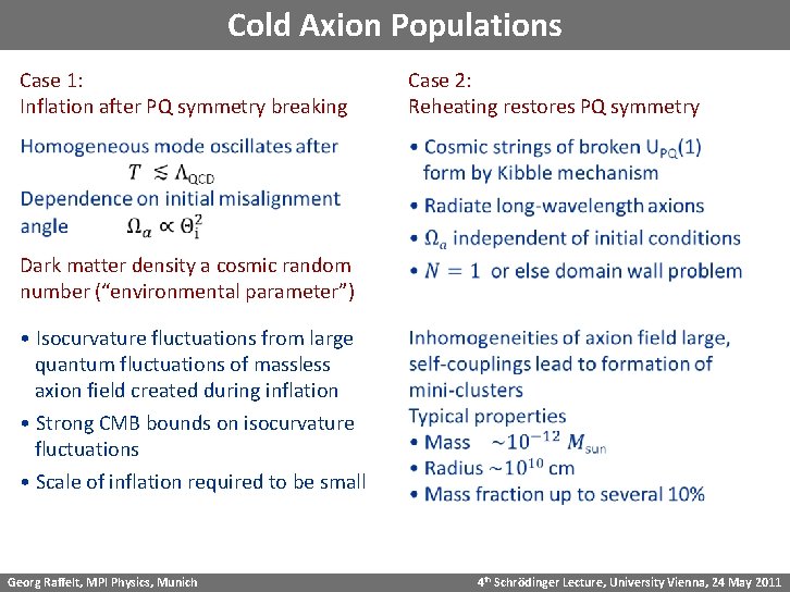 Cold Axion Populations Case 1: Inflation after PQ symmetry breaking Case 2: Reheating restores