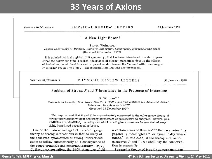 33 Years of Axions Georg Raffelt, MPI Physics, Munich 4 th Schrödinger Lecture, University