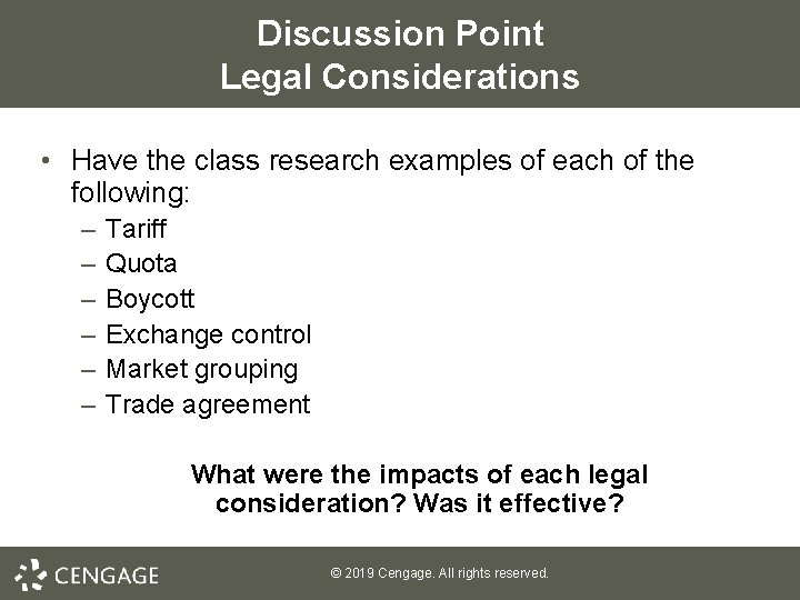 Discussion Point Legal Considerations • Have the class research examples of each of the