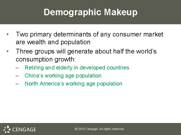 Demographic Makeup • • Two primary determinants of any consumer market are wealth and