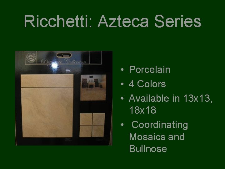 Ricchetti: Azteca Series • Porcelain • 4 Colors • Available in 13 x 13,