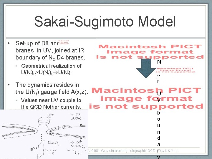 Sakai-Sugimoto Model • Set-up of D 8 and branes in UV, joined at IR