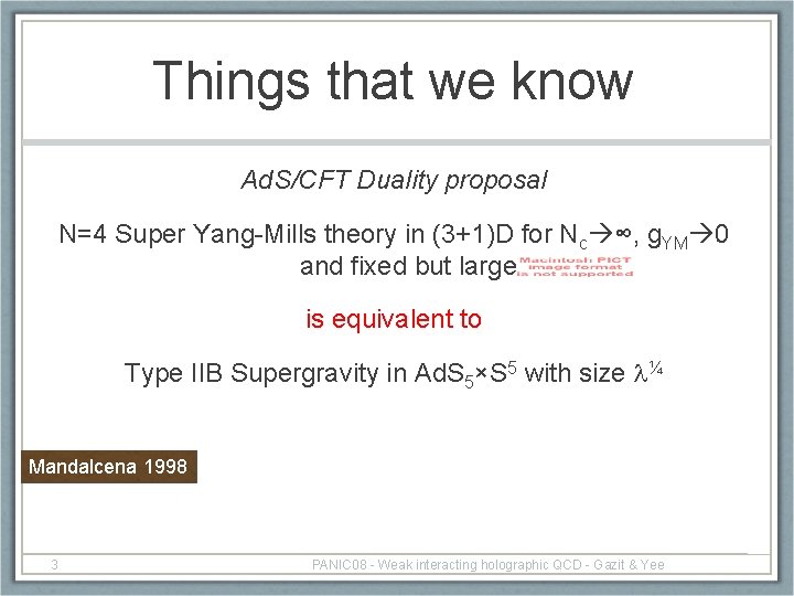 Things that we know Ad. S/CFT Duality proposal N=4 Super Yang-Mills theory in (3+1)D