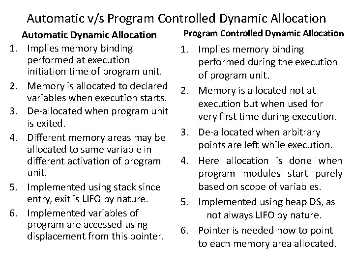 Automatic v/s Program Controlled Dynamic Allocation 1. 2. 3. 4. 5. 6. Automatic Dynamic