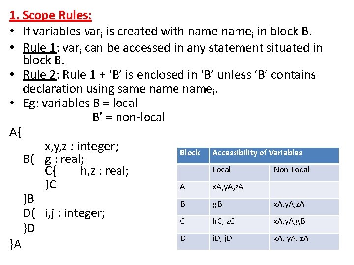 1. Scope Rules: • If variables vari is created with namei in block B. 1. Scope Rules: • If variables vari is created with namei in block B.