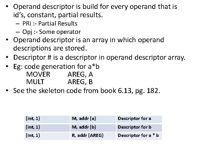  • Operand descriptor is build for every operand that is id’s, constant, partial