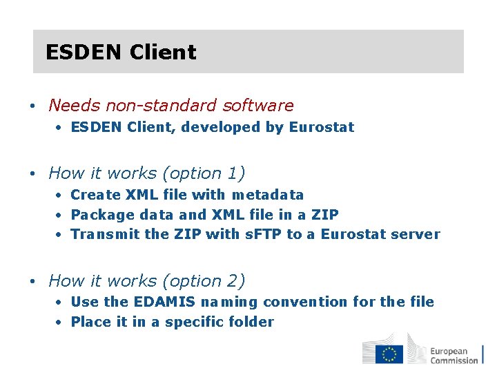  ESDEN Client • Needs non-standard software • ESDEN Client, developed by Eurostat •