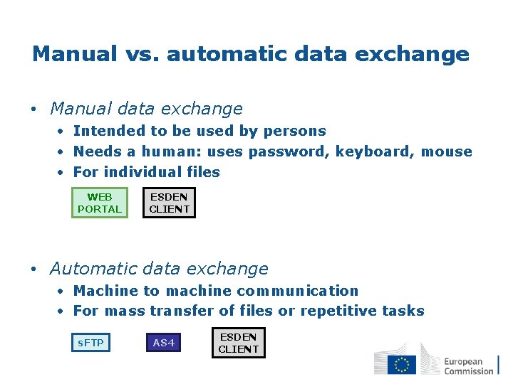 Manual vs. automatic data exchange • Manual data exchange • Intended to be used