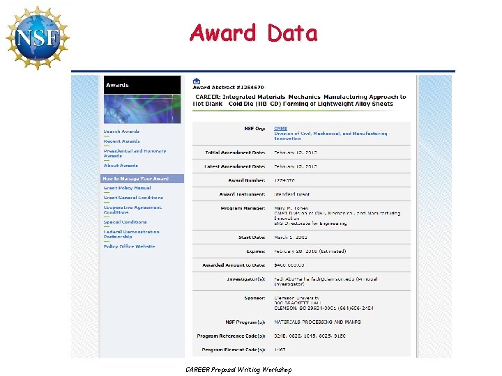 Award Data CAREER Proposal Writing Workshop 