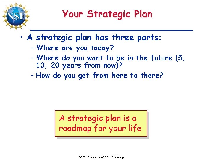Your Strategic Plan • A strategic plan has three parts: – Where are you