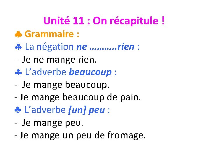 Unité 11 : On récapitule ! Grammaire : § La négation ne ………. .