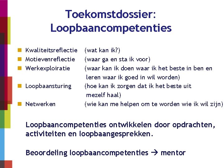 Toekomstdossier: Loopbaancompetenties n Kwaliteitsreflectie n Motievenreflectie n Werkexploiratie n Loopbaansturing n Netwerken (wat kan