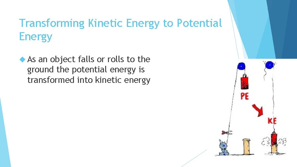 Transforming Kinetic Energy to Potential Energy As an object falls or rolls to the