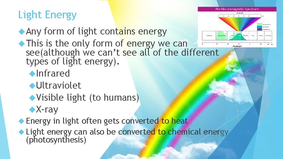 Light Energy Any form of light contains energy This is the only form of