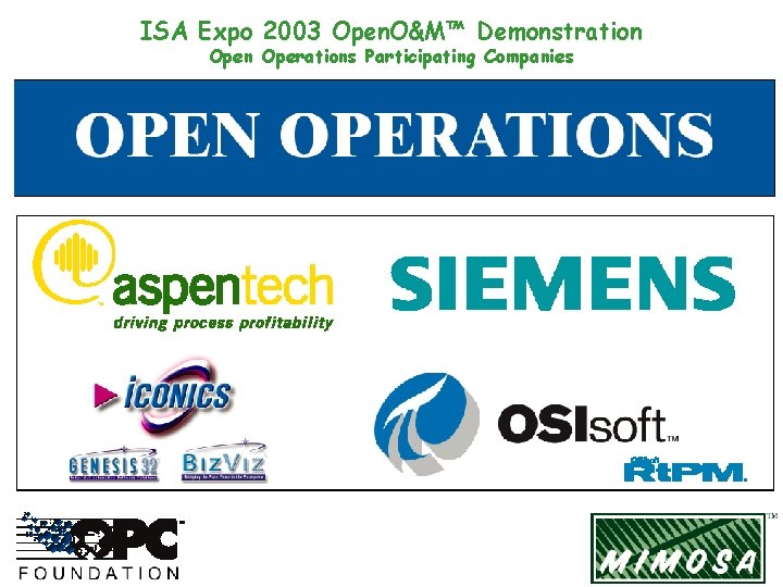 ISA Expo 2003 Open. O&M™ Demonstration Operations Participating Companies 