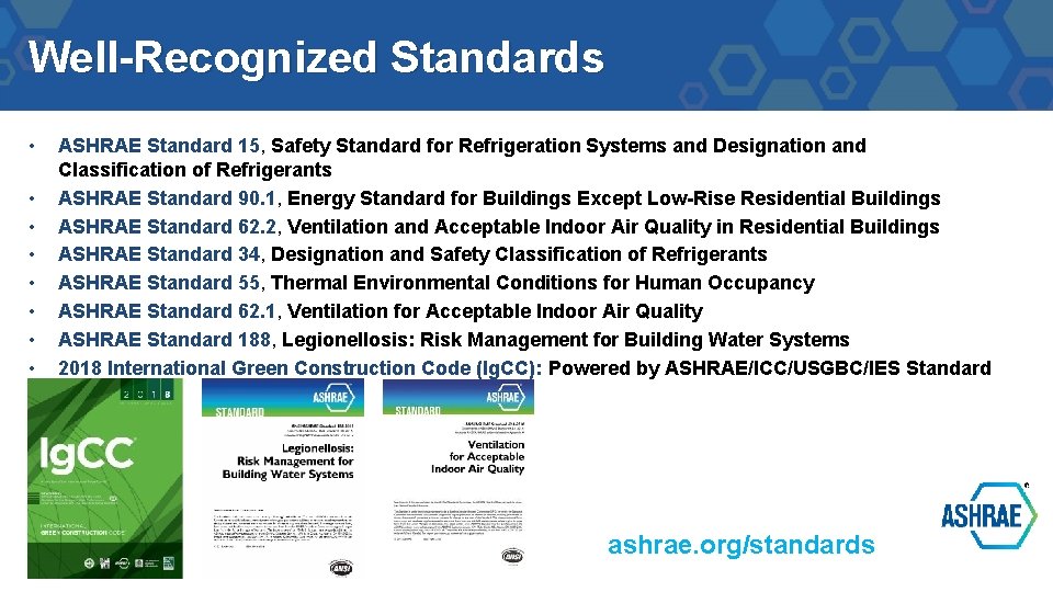 Well-Recognized Standards • • ASHRAE Standard 15, Safety Standard for Refrigeration Systems and Designation