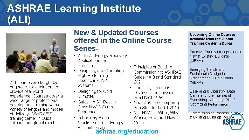 ASHRAE Learning Institute (ALI) New & Updated Courses offered in the Online Course Series