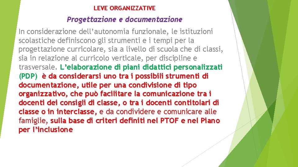 LEVE ORGANIZZATIVE Progettazione e documentazione In considerazione dell’autonomia funzionale, le istituzioni scolastiche definiscono gli