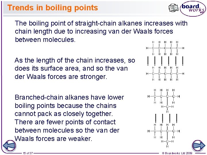 Trends in boiling points The boiling point of straight-chain alkanes increases with chain length