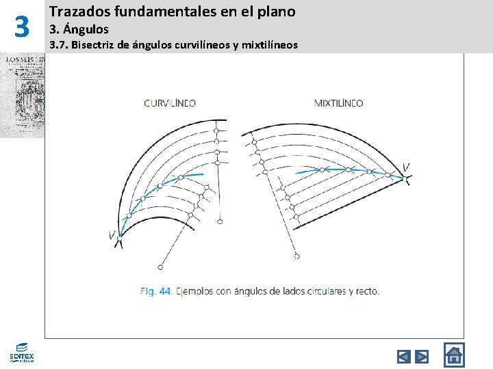 3 Trazados fundamentales en el plano 3. Ángulos 3. 7. Bisectriz de ángulos curvilíneos 3 Trazados fundamentales en el plano 3. Ángulos 3. 7. Bisectriz de ángulos curvilíneos