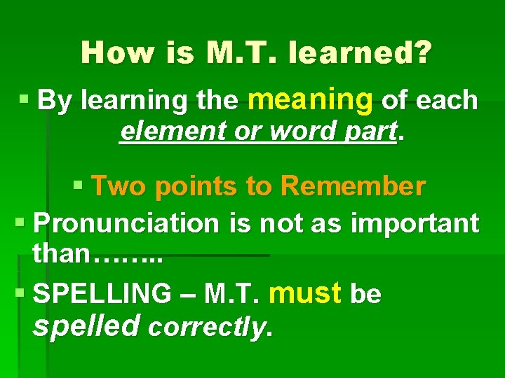 How is M. T. learned? § By learning the meaning of each element or