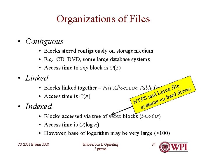 Organizations of Files • Contiguous • Blocks stored contiguously on storage medium • E. Organizations of Files • Contiguous • Blocks stored contiguously on storage medium • E.