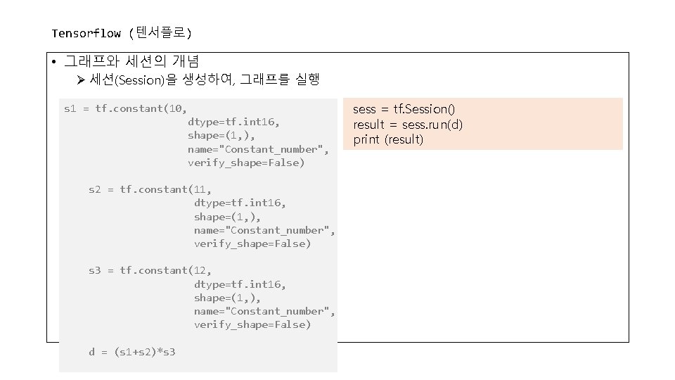 Tensorflow (텐서플로) • 그래프와 세션의 개념 Ø 세션(Session)을 생성하여, 그래프를 실행 s 1 =