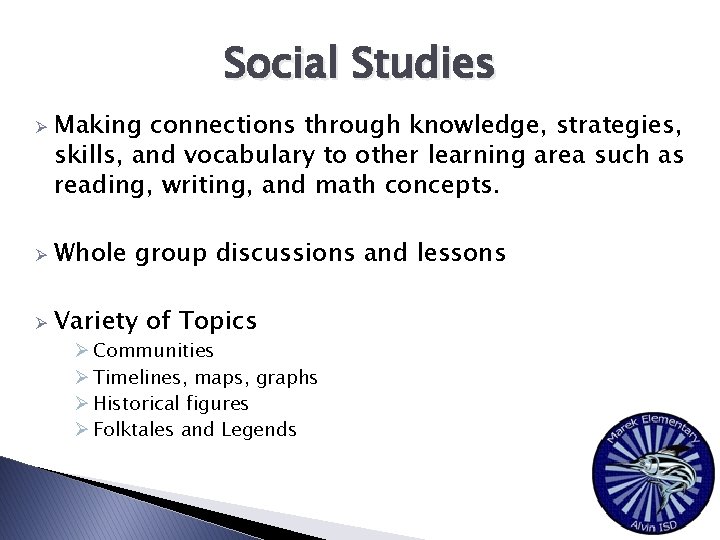 Social Studies Ø Making connections through knowledge, strategies, skills, and vocabulary to other learning