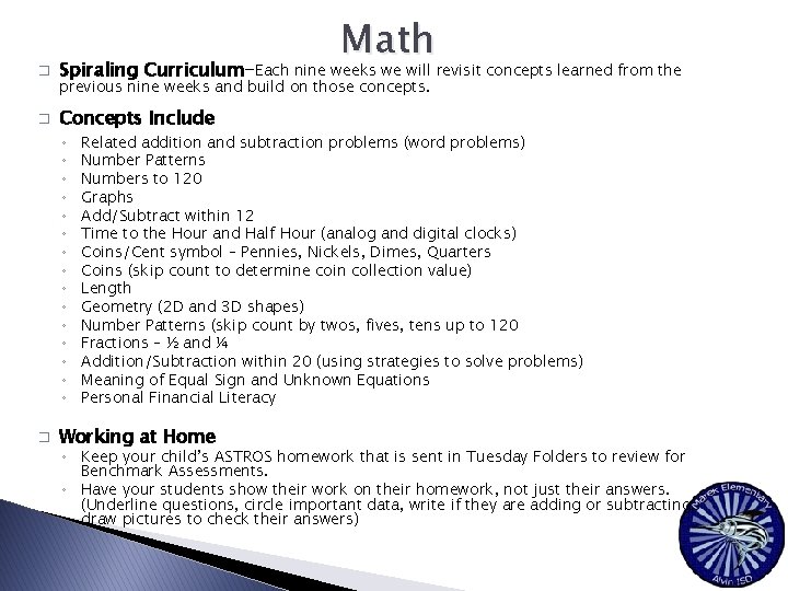 Math � Spiraling Curriculum-Each nine weeks we will revisit concepts learned from the �