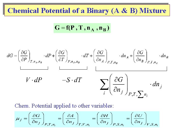 Chemical Potential of a Binary (A & B) Mixture Chem. Potential applied to other