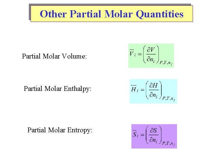 Other Partial Molar Quantities Partial Molar Volume: Partial Molar Enthalpy: Partial Molar Entropy: 