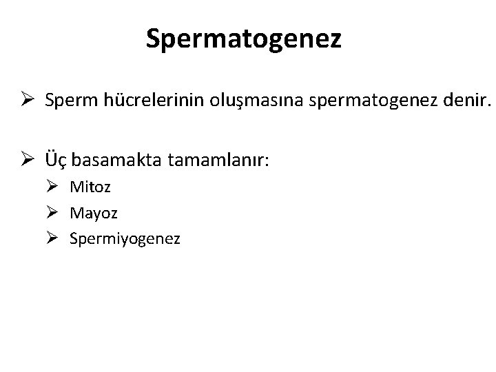 Spermatogenez Ø Sperm hücrelerinin oluşmasına spermatogenez denir. Ø Üç basamakta tamamlanır: Ø Mitoz Ø Spermatogenez Ø Sperm hücrelerinin oluşmasına spermatogenez denir. Ø Üç basamakta tamamlanır: Ø Mitoz Ø