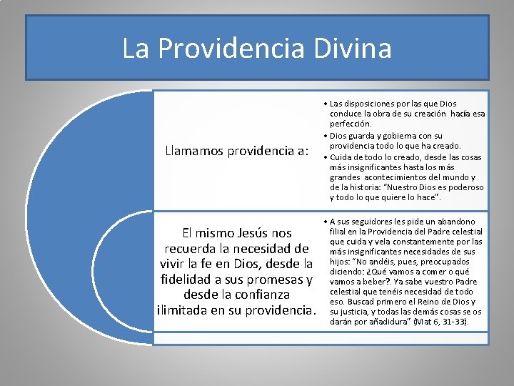 La Providencia Divina Llamamos providencia a: • Las disposiciones por las que Dios conduce