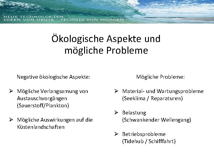 Ökologische Aspekte und mögliche Probleme Negative ökologische Aspekte: Ø Mögliche Verlangsamung von Austauschvorgängen (Sauerstoff/Plankton)