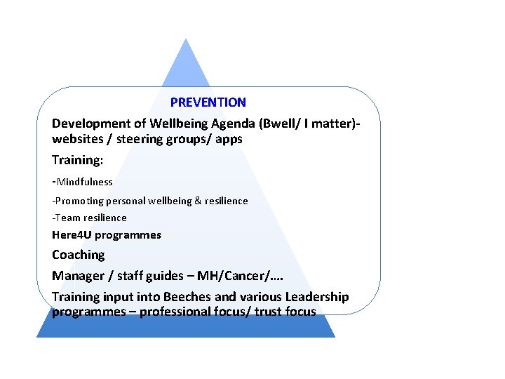 PREVENTION Development of Wellbeing Agenda (Bwell/ I matter)websites / steering groups/ apps Training: -Mindfulness