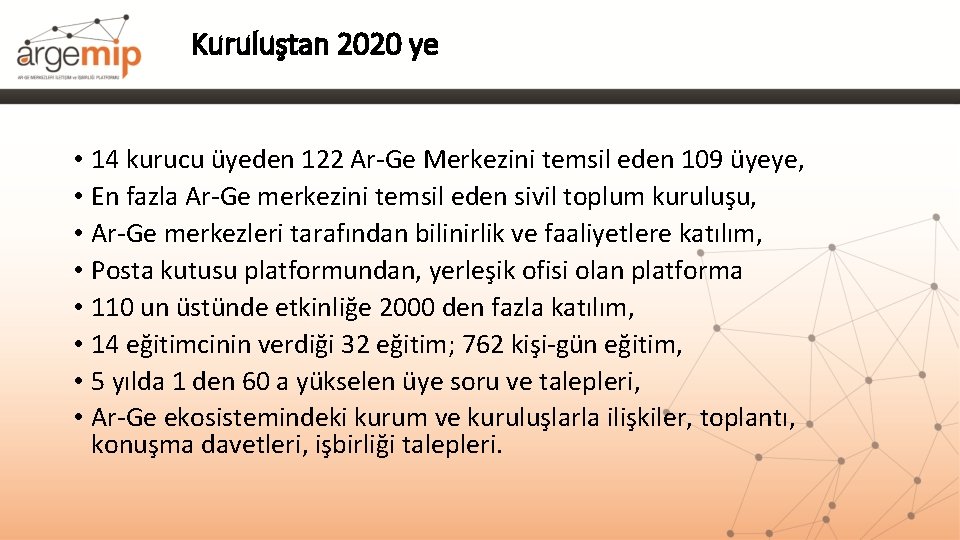 Kuruluştan 2020 ye • 14 kurucu üyeden 122 Ar-Ge Merkezini temsil eden 109 üyeye,