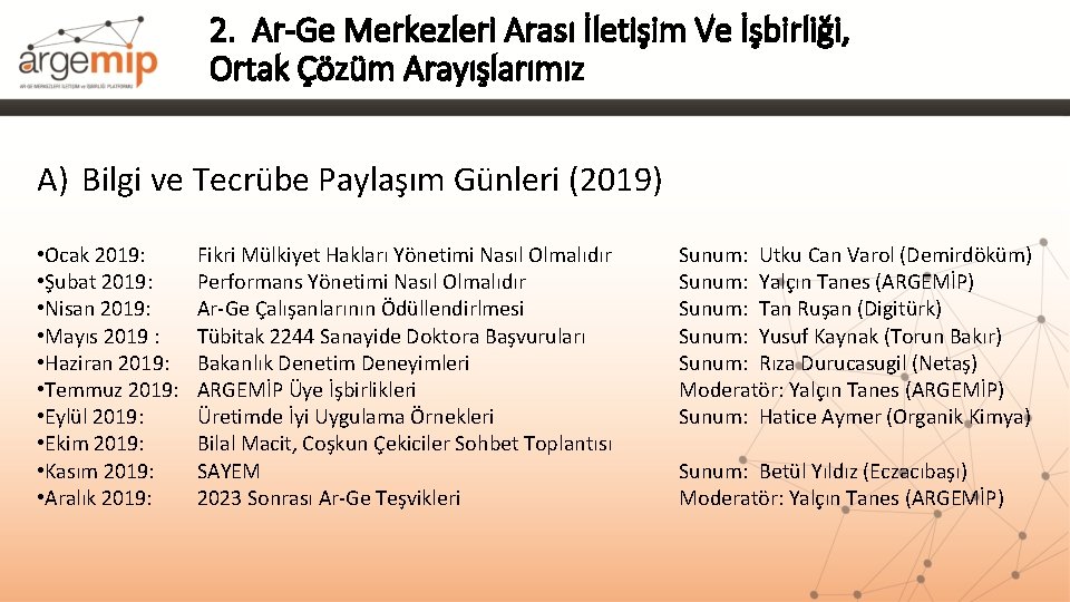 2. Ar-Ge Merkezleri Arası İletişim Ve İşbirliği, Ortak Çözüm Arayışlarımız A) Bilgi ve Tecrübe