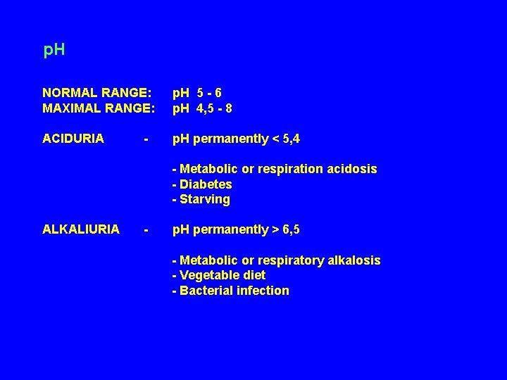 p. H NORMAL RANGE: p. H 5 - 6 MAXIMAL RANGE: p. H 4,