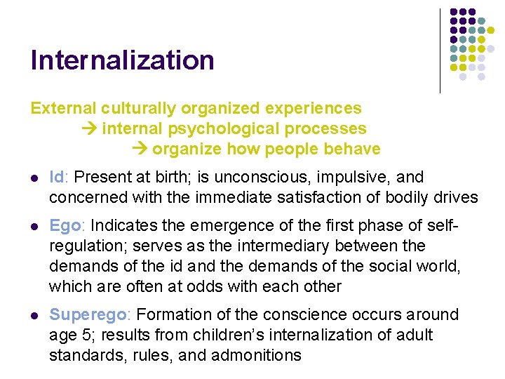 Internalization External culturally organized experiences internal psychological processes organize how people behave l Id: