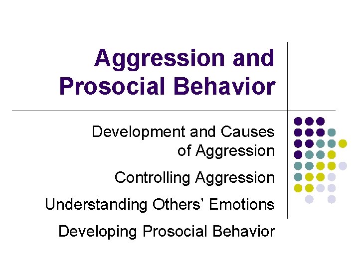 Aggression and Prosocial Behavior Development and Causes of Aggression Controlling Aggression Understanding Others’ Emotions