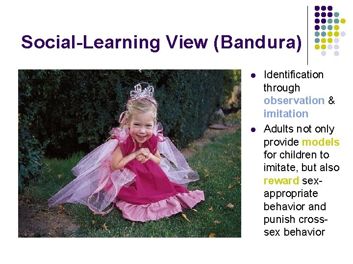 Social-Learning View (Bandura) l l Identification through observation & imitation Adults not only provide