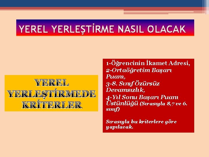 YEREL YERLEŞTİRME NASIL OLACAK YEREL YERLEŞTİRMEDE KRİTERLER 1 -Öğrencinin İkamet Adresi, 2 -Ortaöğretim Başarı