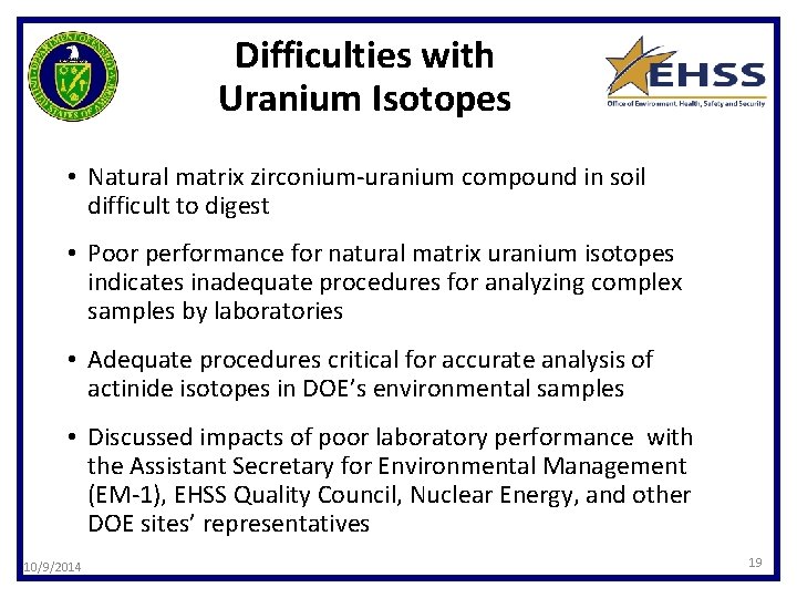 Difficulties with Uranium Isotopes • Natural matrix zirconium-uranium compound in soil difficult to digest
