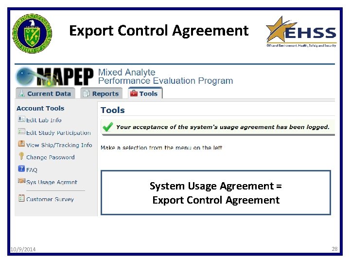 Export Control Agreement System Usage Agreement = Export Control Agreement 10/9/2014 28 