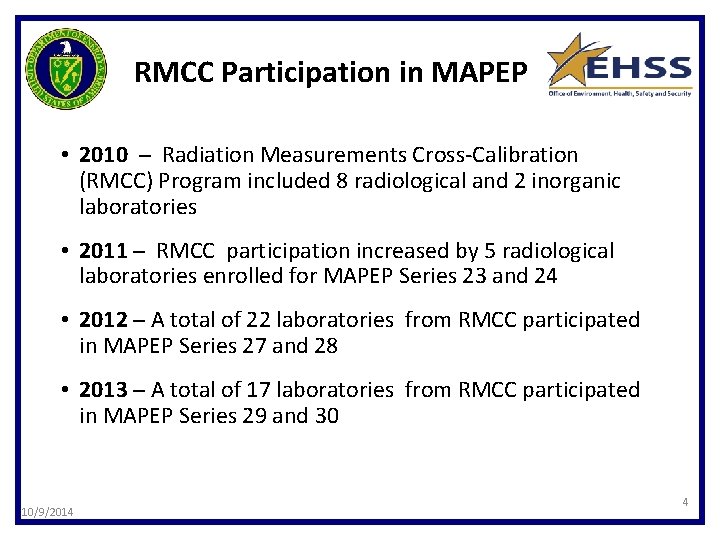 RMCC Participation in MAPEP • 2010 ─ Radiation Measurements Cross-Calibration (RMCC) Program included 8
