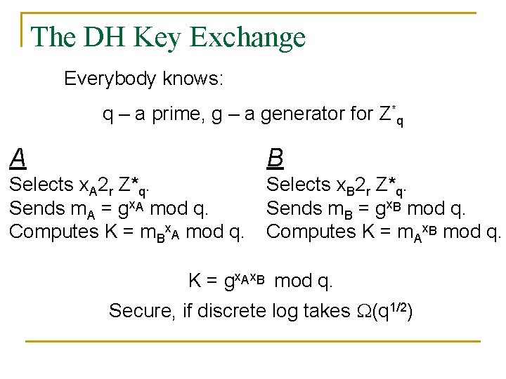 The DH Key Exchange Everybody knows: q – a prime, g – a generator