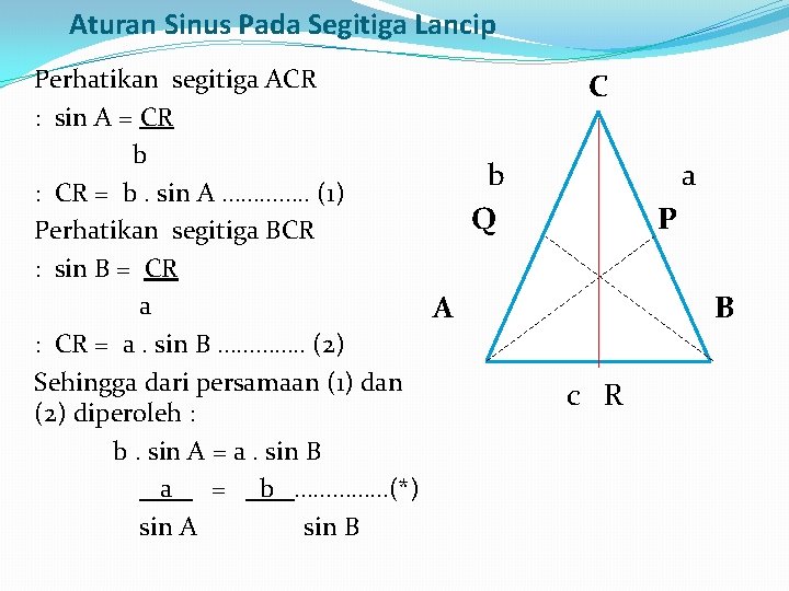 Aturan Sinus Pada Segitiga Lancip Perhatikan segitiga ACR C : sin A = CR