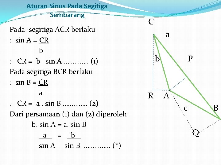 Aturan Sinus Pada Segitiga Sembarang C Pada segitiga ACR berlaku a : sin A