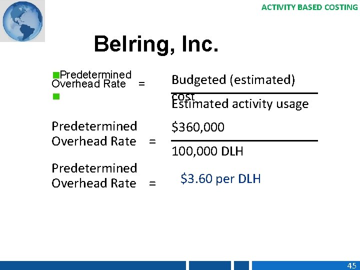 ACTIVITY BASED COSTING Belring, Inc. Predetermined Overhead Rate = Budgeted (estimated) cost Estimated activity
